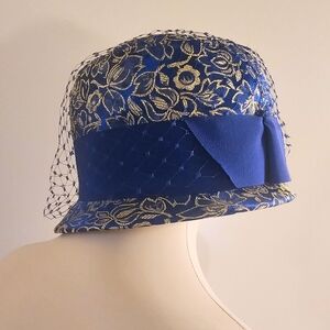 Vintage Union Made Jean Sutton Vibrant Blue & Metallic Gold Brocade Net Veil Hat